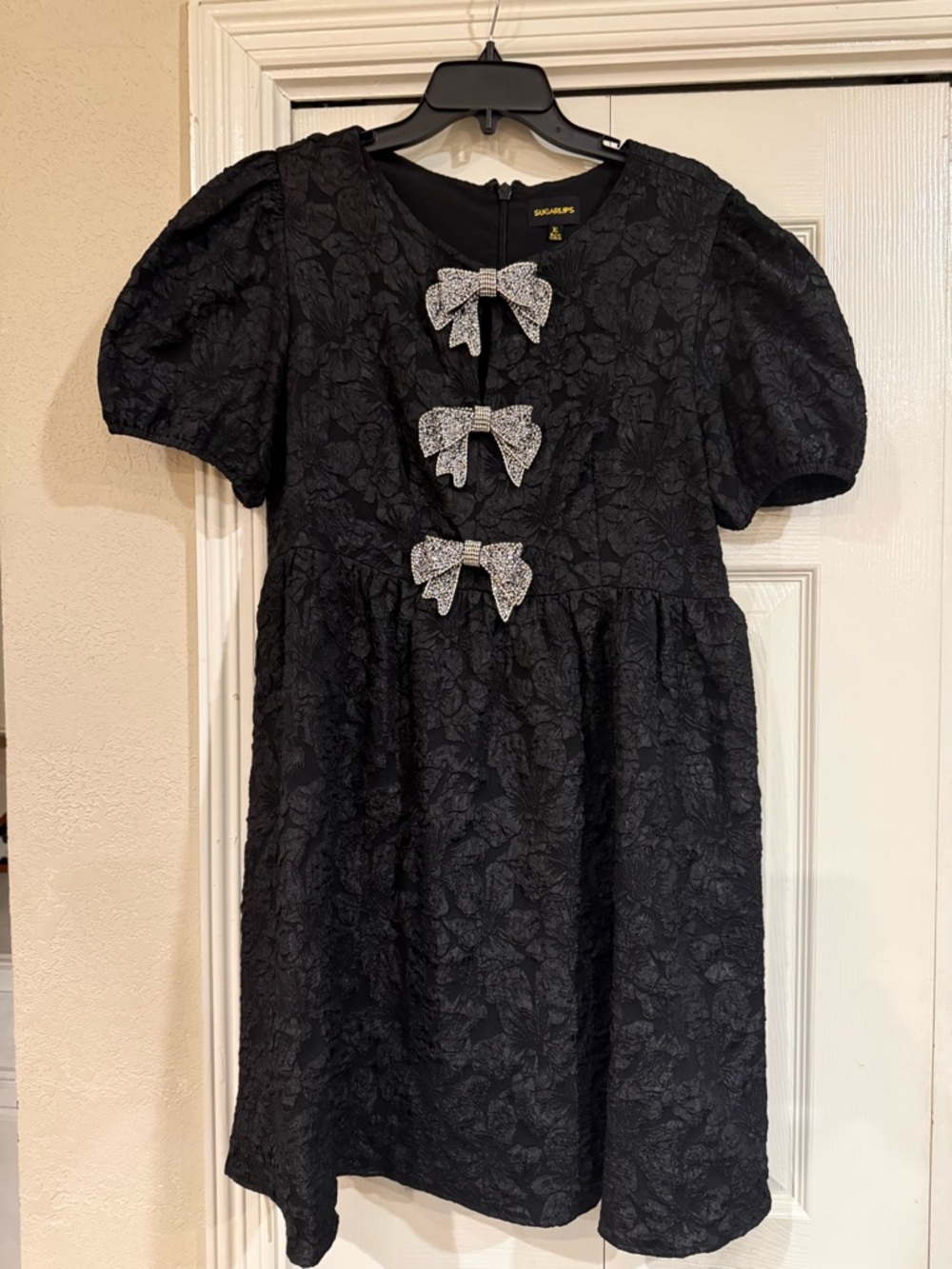 Sugarlips Black Puff Sleeve Bow-Accent Dress
